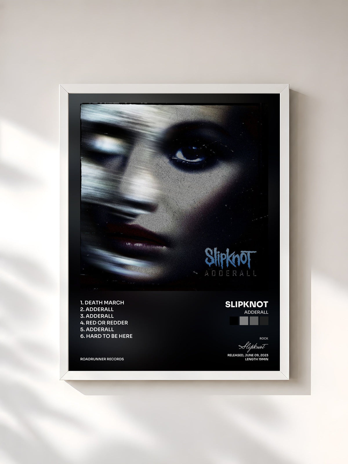 #blanc Tableau de l'album Adderall de Slipknot, cadre blanc, imprimé et encadré en France