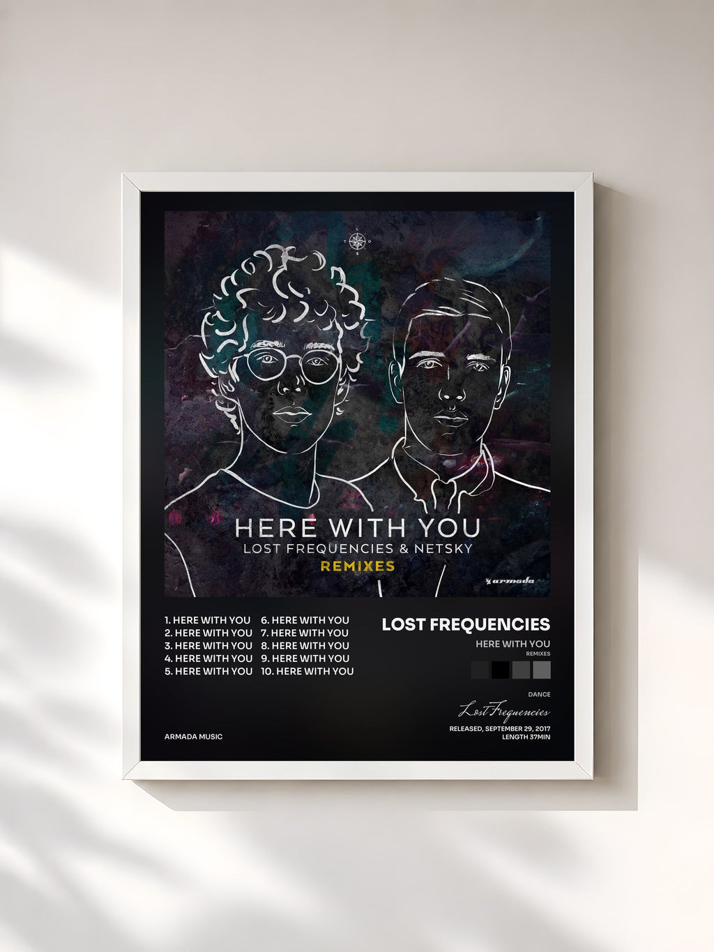 #blanc Tableau de l'album Here With You (Remixes) de Lost Frequencies, cadre blanc, imprimé et encadré en France