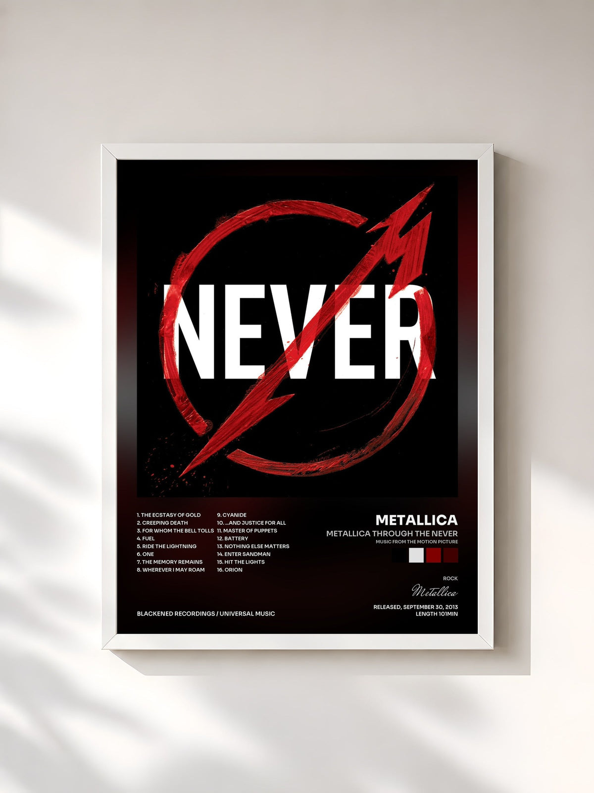 #blanc Tableau de l'album Metallica Through The Never (Music From The Motion Picture) de Metallica, cadre blanc, imprimé et encadré en France