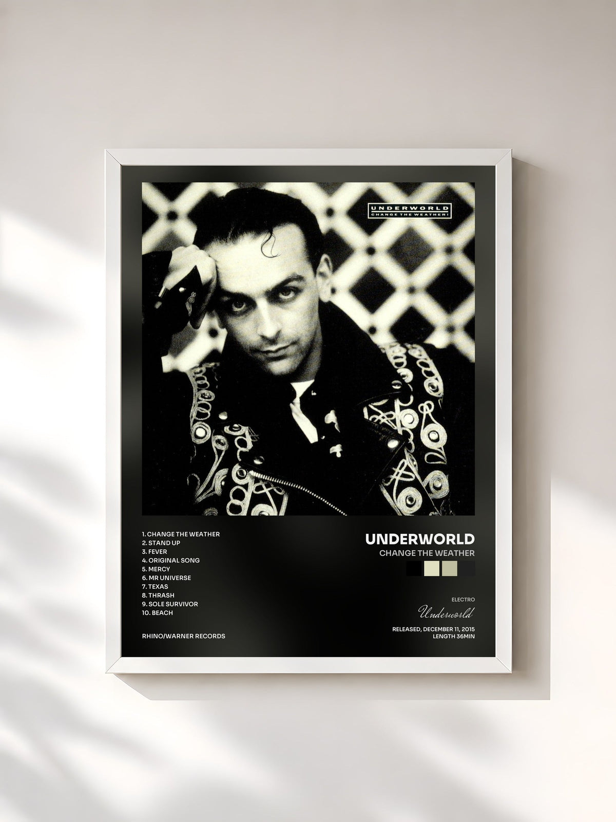 #blanc Change The Weather by Underworld as a framed art print, white frame, printed and framed in France