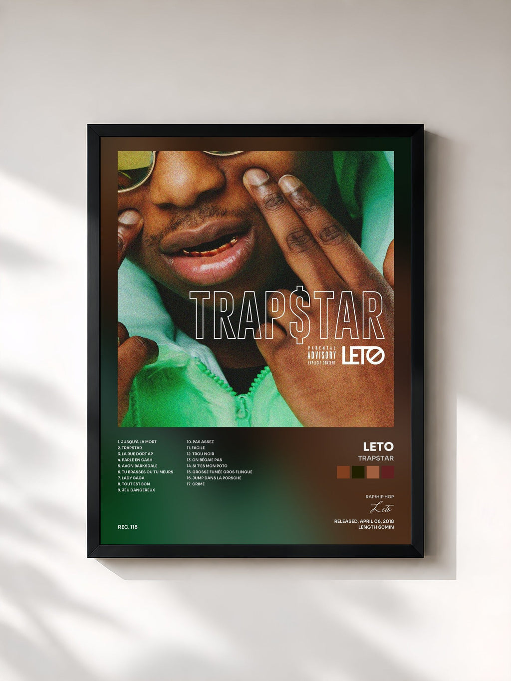 #noir TRAP$TAR de Leto en lámina enmarcada, marco negro, impresa y enmarcada en Francia