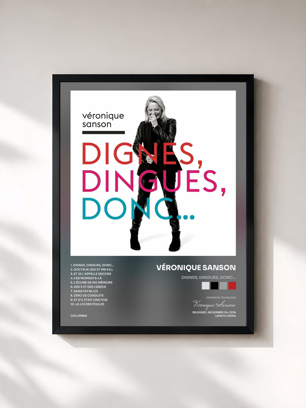 #noir Dignes, dingues, donc... de Véronique Sanson en lámina enmarcada, marco negro, impresa y enmarcada en Francia