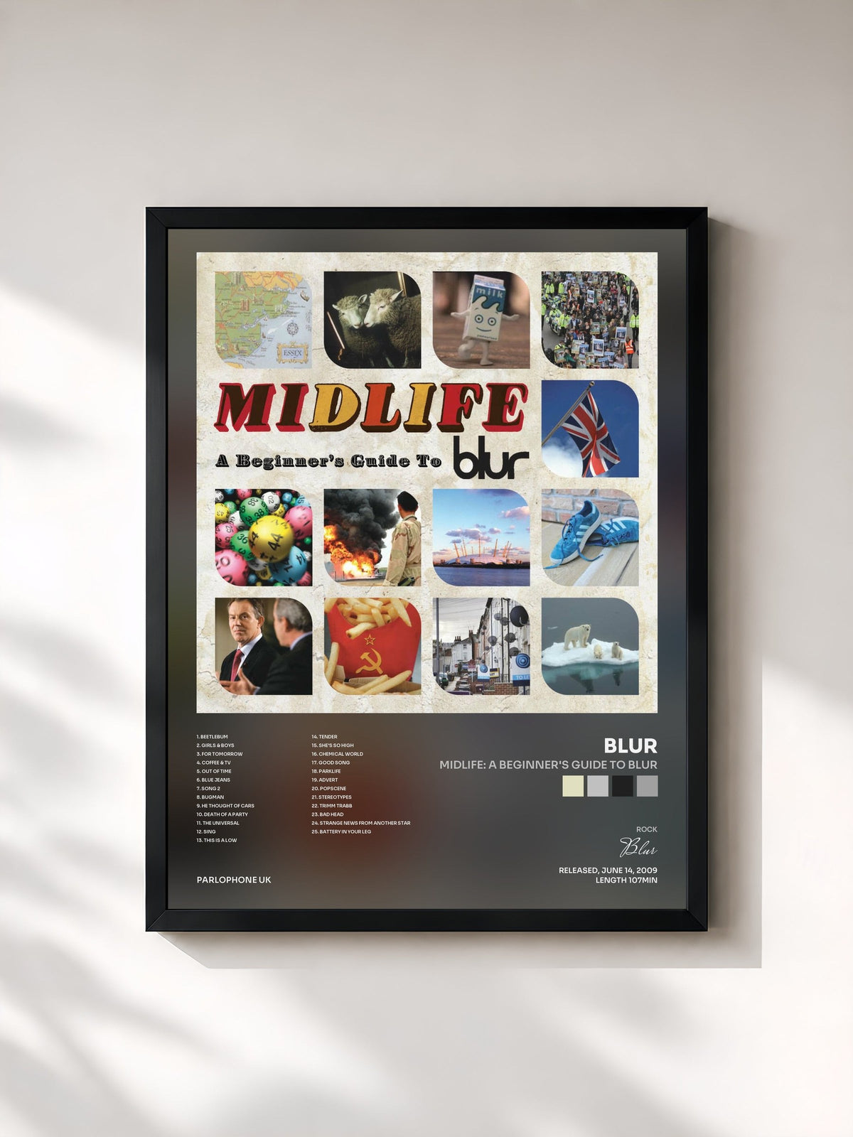 #noir Tableau de l'album Midlife: A Beginner's Guide to Blur de Blur, cadre noir, imprimé et encadré en France
