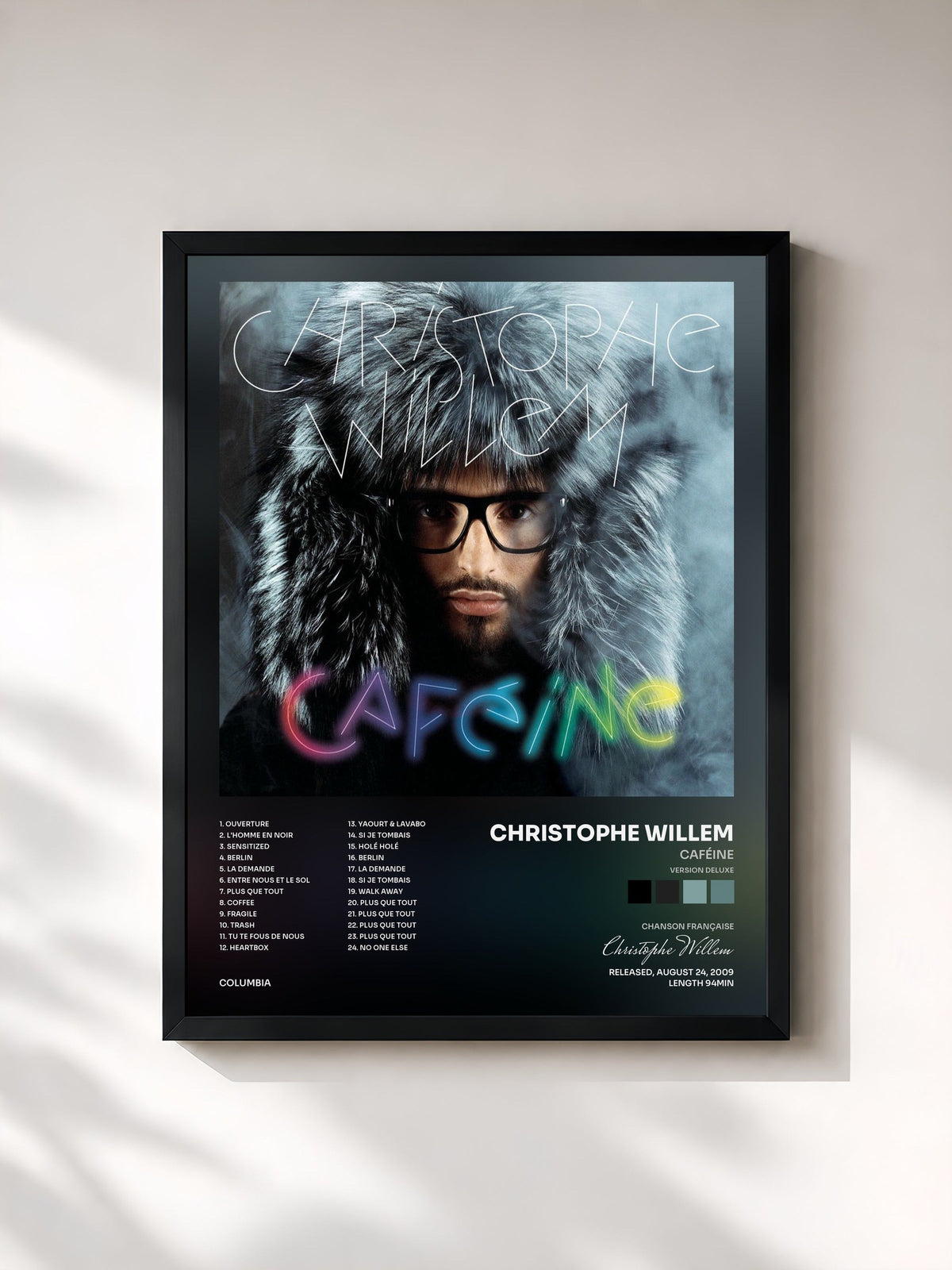 #noir Tableau de l'album Caféine (Version deluxe) de Christophe Willem, cadre noir, imprimé et encadré en France