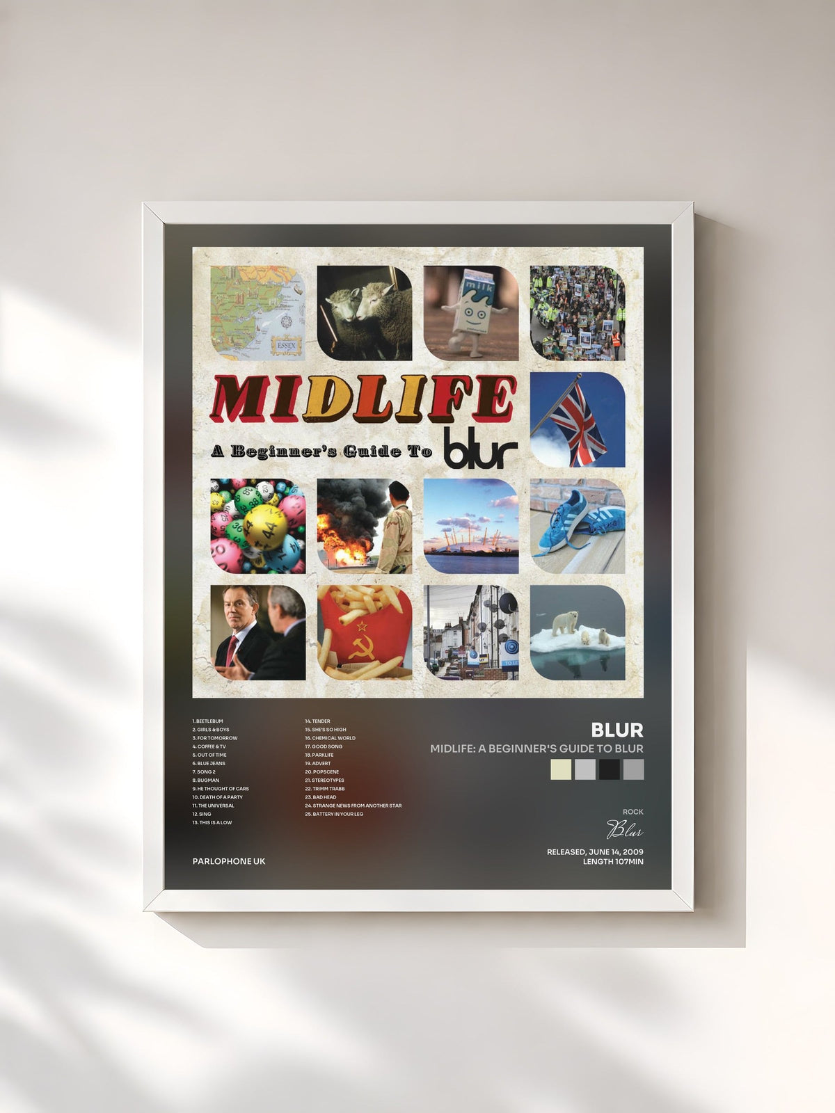 #blanc Tableau de l'album Midlife: A Beginner's Guide to Blur de Blur, cadre blanc, imprimé et encadré en France