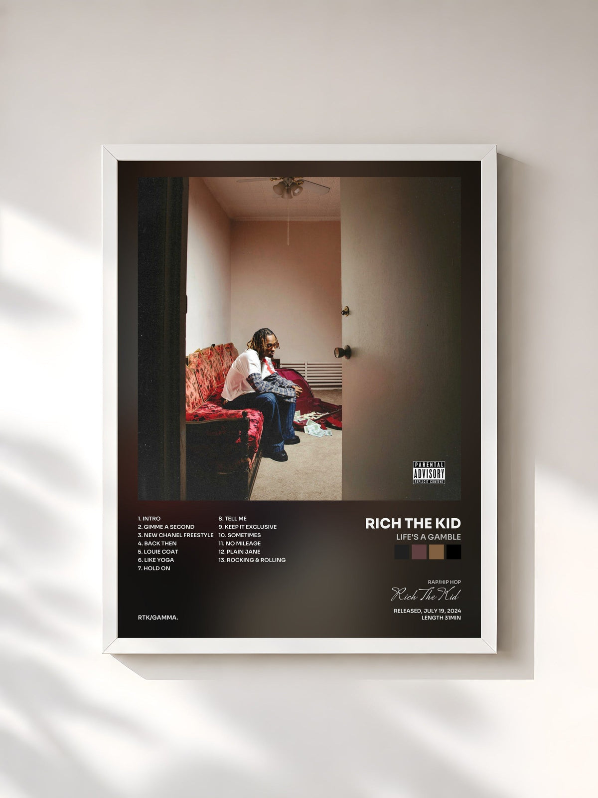 #blanc Tableau de l'album Life's A Gamble de Rich The Kid, cadre blanc, imprimé et encadré en France