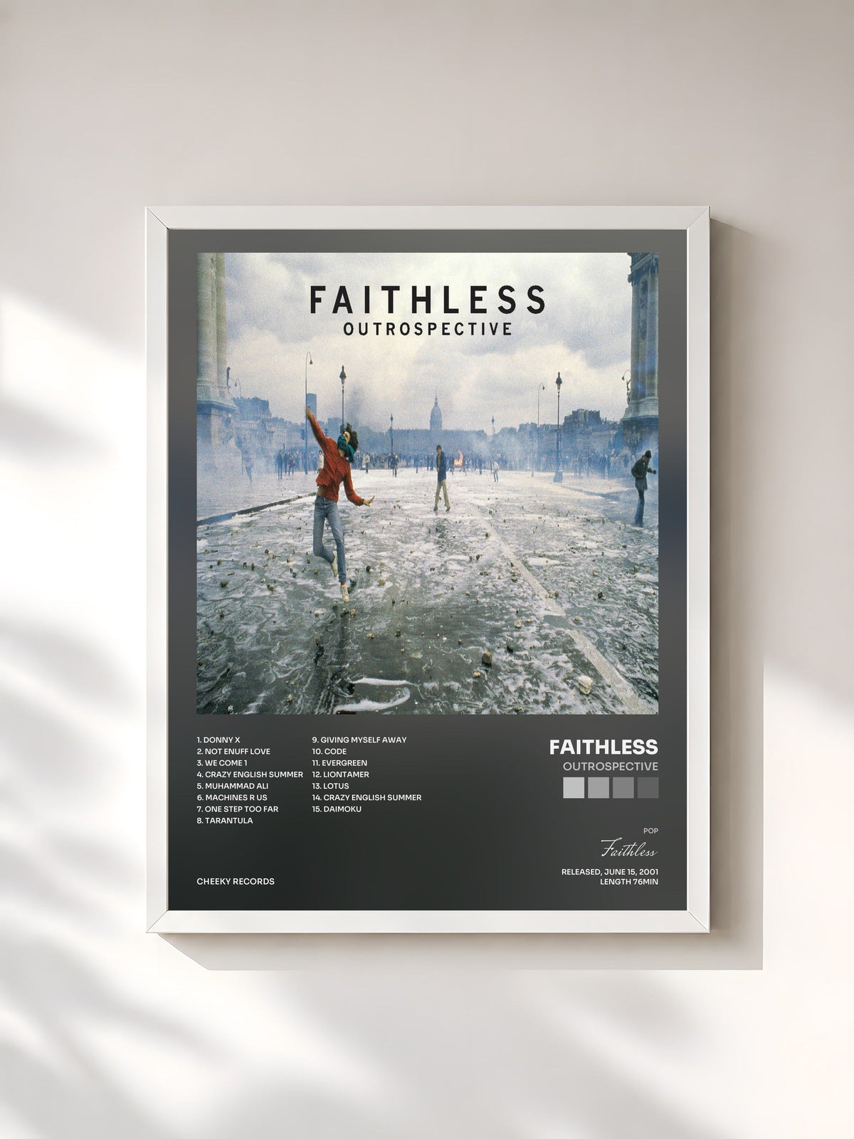 #blanc Outrospective de Faithless en lámina enmarcada, marco blanco, impresa y enmarcada en Francia