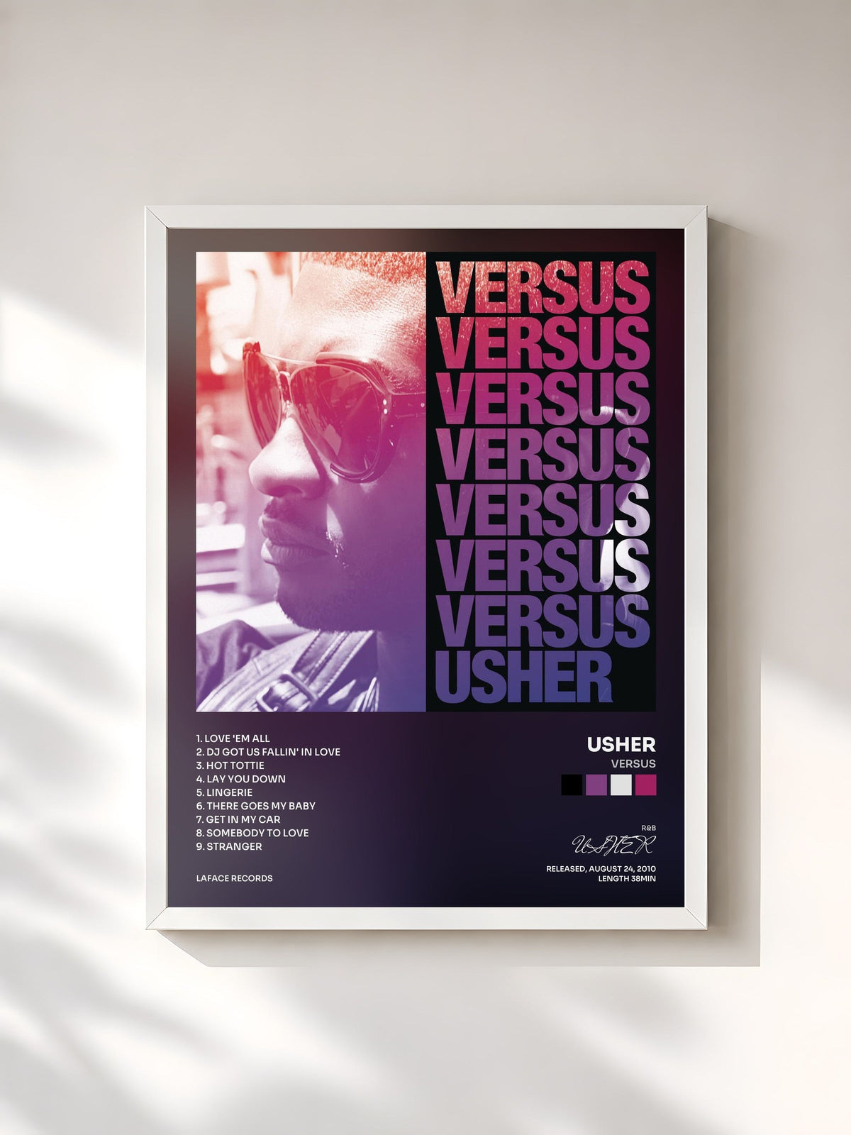 #blanc Tableau de l'album Versus de USHER, cadre blanc, imprimé et encadré en France