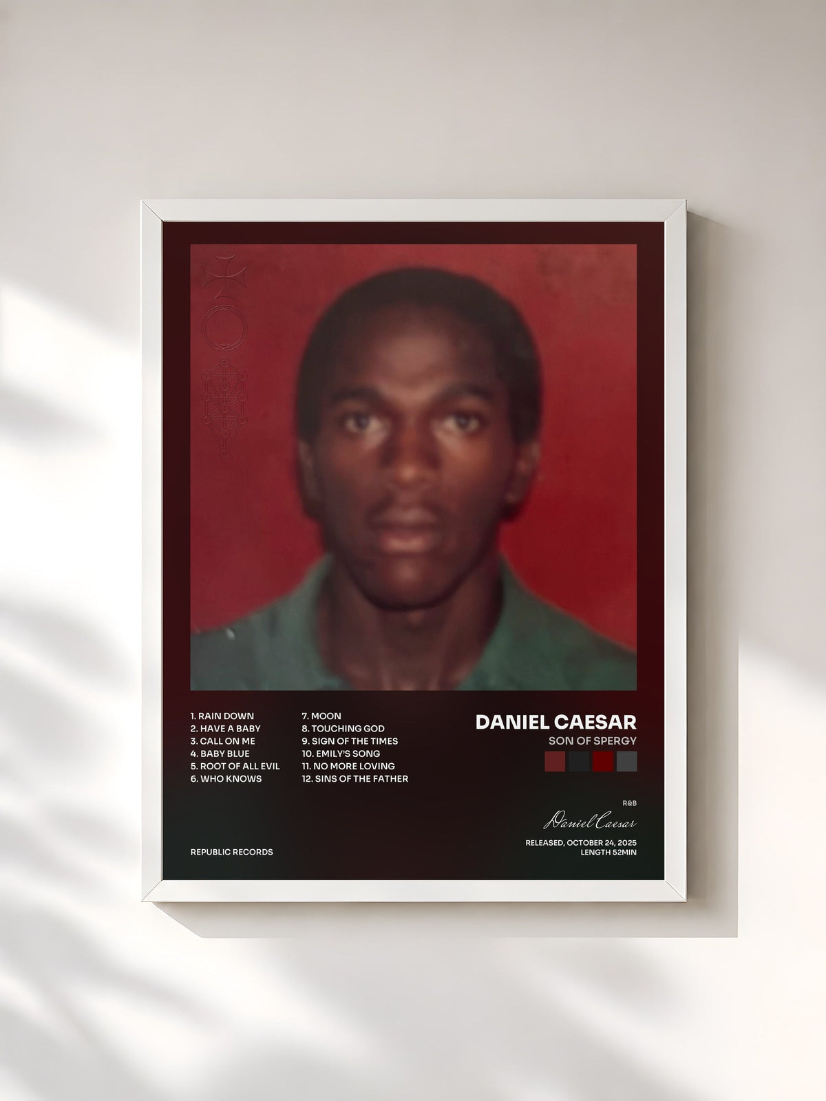 #blanc Tableau de l'album Son Of Spergy de Daniel Caesar, cadre blanc, imprimé et encadré en France