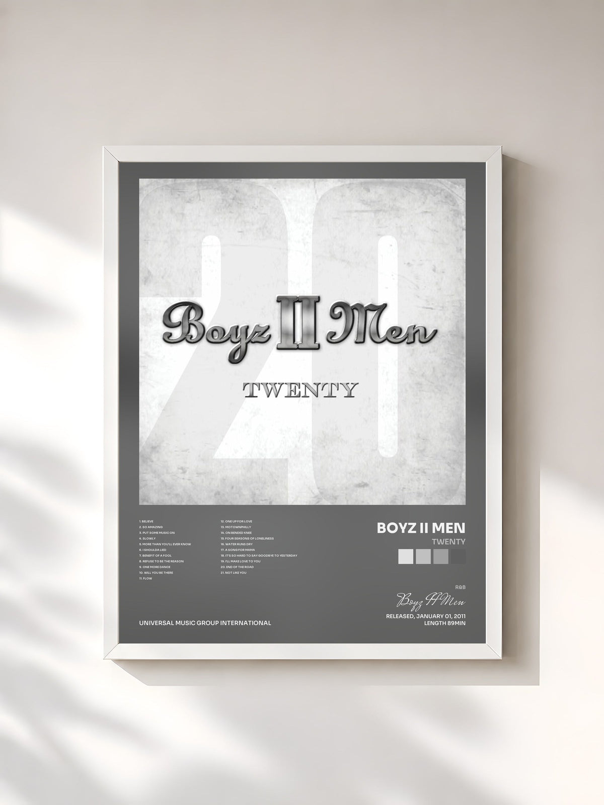 #blanc Tableau de l'album Twenty de Boyz II Men, cadre blanc, imprimé et encadré en France
