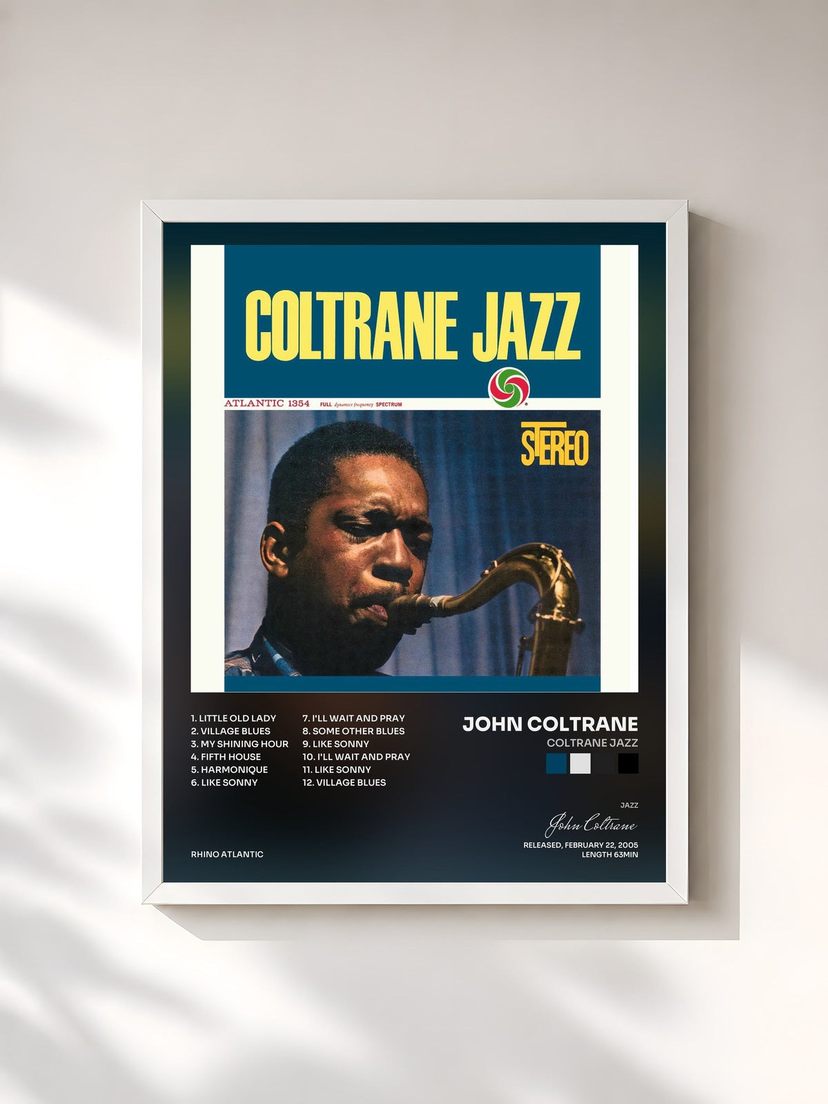#blanc Tableau de l'album Coltrane Jazz de John Coltrane, cadre blanc, imprimé et encadré en France