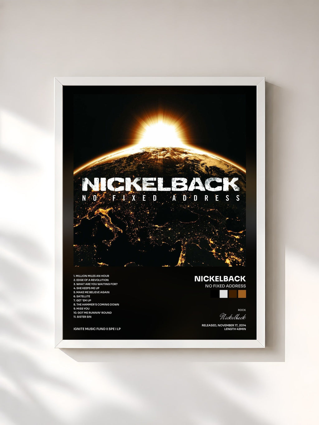 #blanc Tableau de l'album No Fixed Address de Nickelback, cadre blanc, imprimé et encadré en France