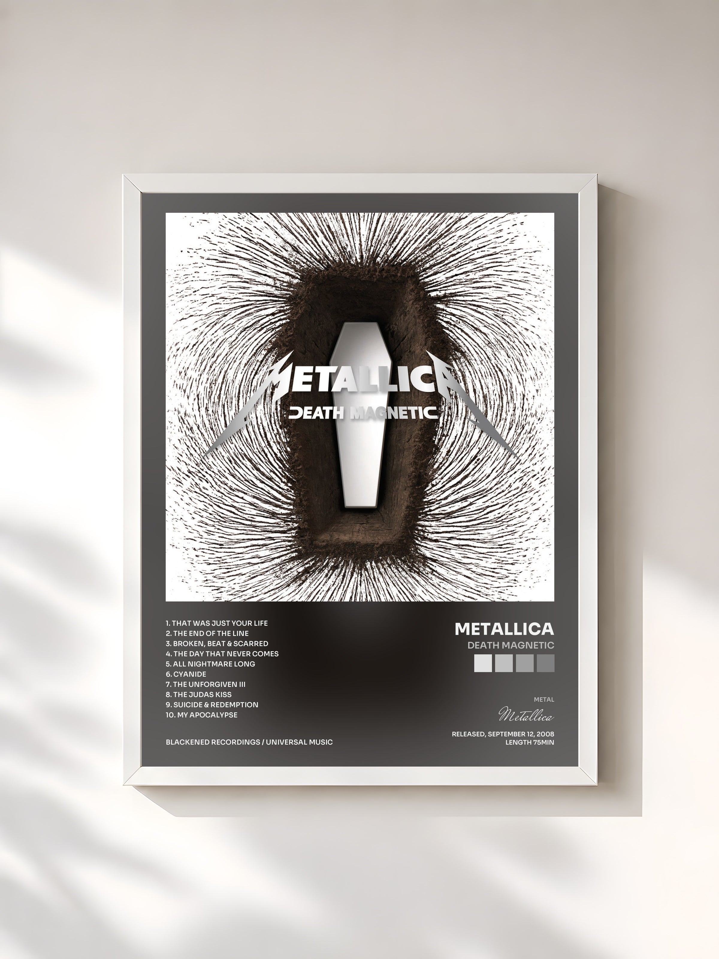 #blanc Tableau de l'album Death Magnetic de Metallica, cadre blanc, imprimé et encadré en France