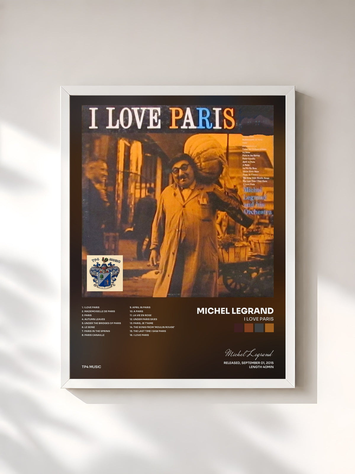 #blanc Tableau de l'album I Love Paris de Michel Legrand, cadre blanc, imprimé et encadré en France