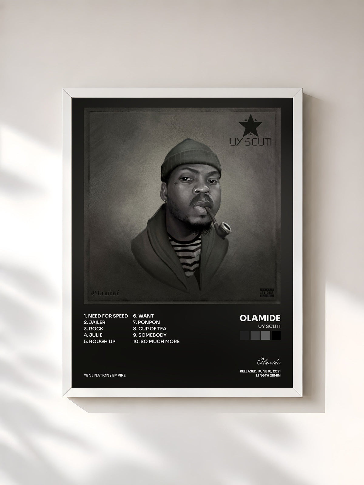 #blanc Tableau de l'album UY Scuti de Olamide, cadre blanc, imprimé et encadré en France