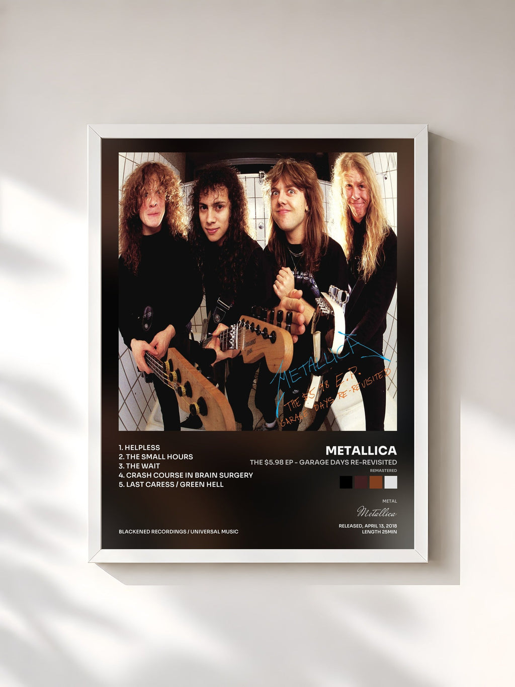 #blanc Tableau de l'album The $5.98 EP - Garage Days Re-Revisited (Remastered) de Metallica, cadre blanc, imprimé et encadré en France