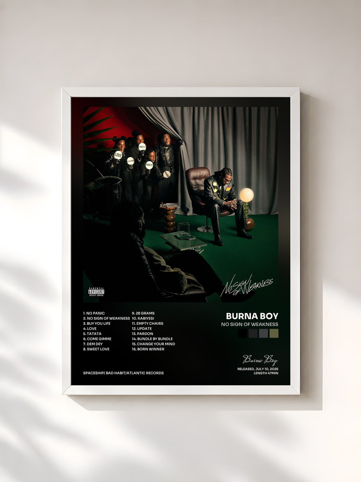 #blanc Tableau de l'album No Sign of Weakness de Burna Boy, cadre blanc, imprimé et encadré en France