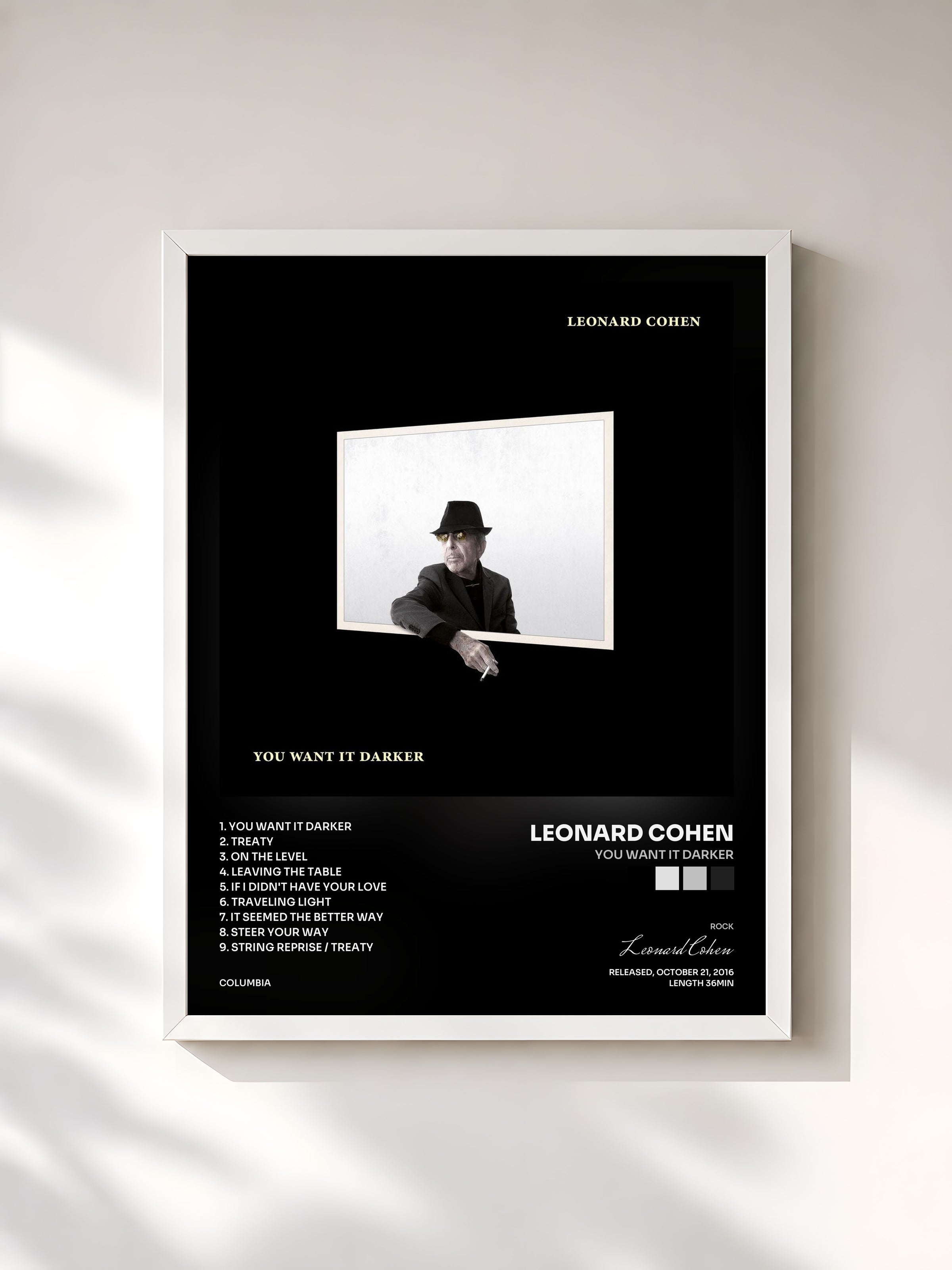 #blanc You Want It Darker de Leonard Cohen en lámina enmarcada, marco blanco, impresa y enmarcada en Francia