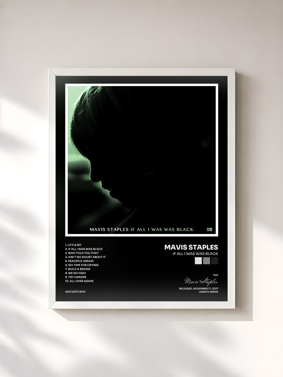#blanc Tableau de l'album If All I Was Was Black de Mavis Staples, cadre blanc, imprimé et encadré en France