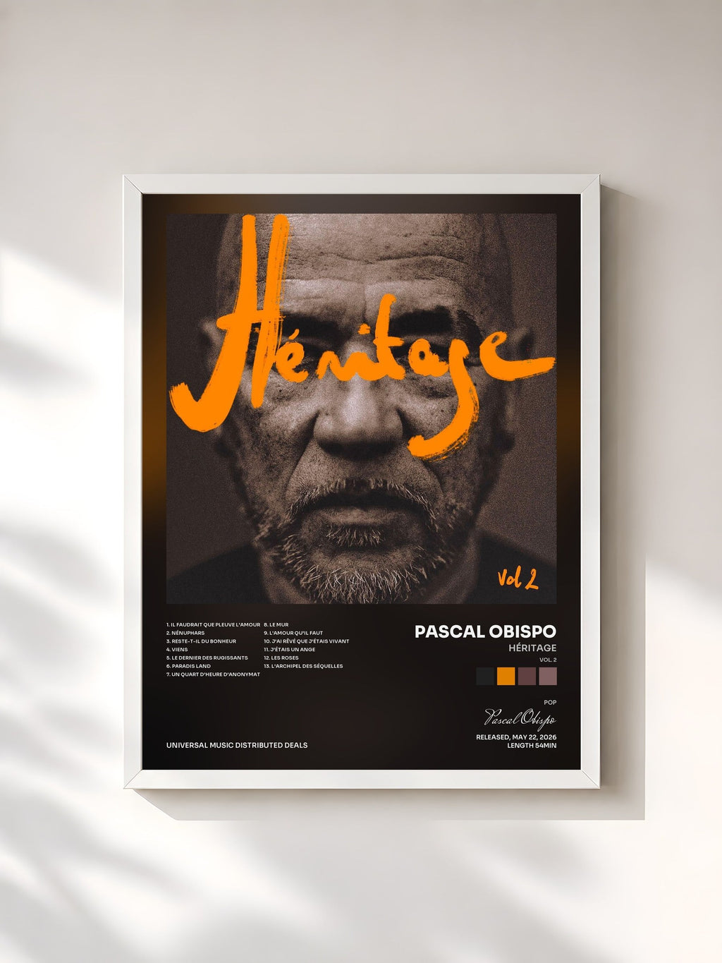 #blanc Héritage (Vol. 2) de Pascal Obispo en lámina enmarcada, marco blanco, impresa y enmarcada en Francia