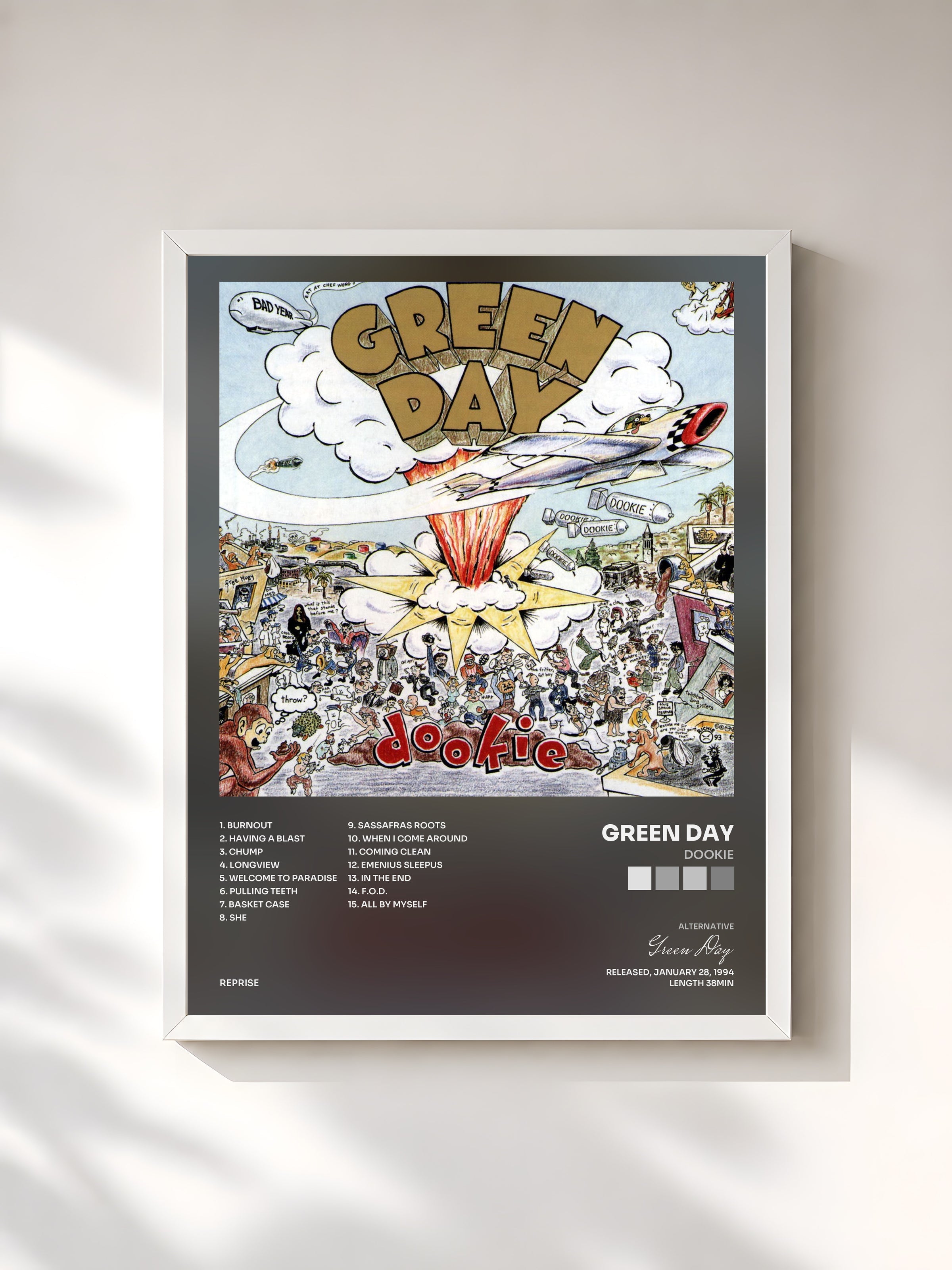 #blanc Tableau de l'album Dookie de Green Day, cadre blanc, imprimé et encadré en France