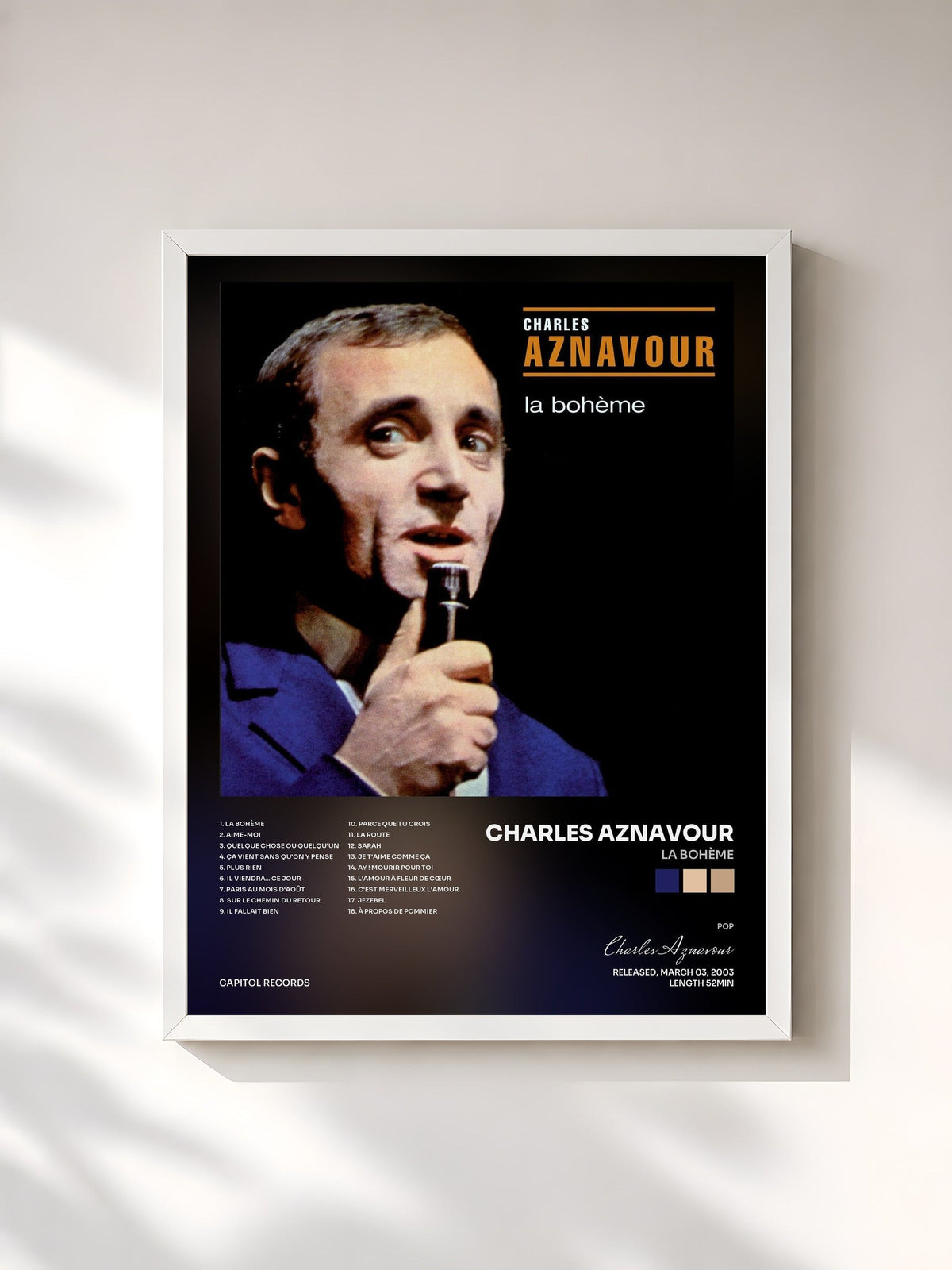 #blanc Tableau de l'album La Bohème de Charles Aznavour, cadre blanc, imprimé et encadré en France