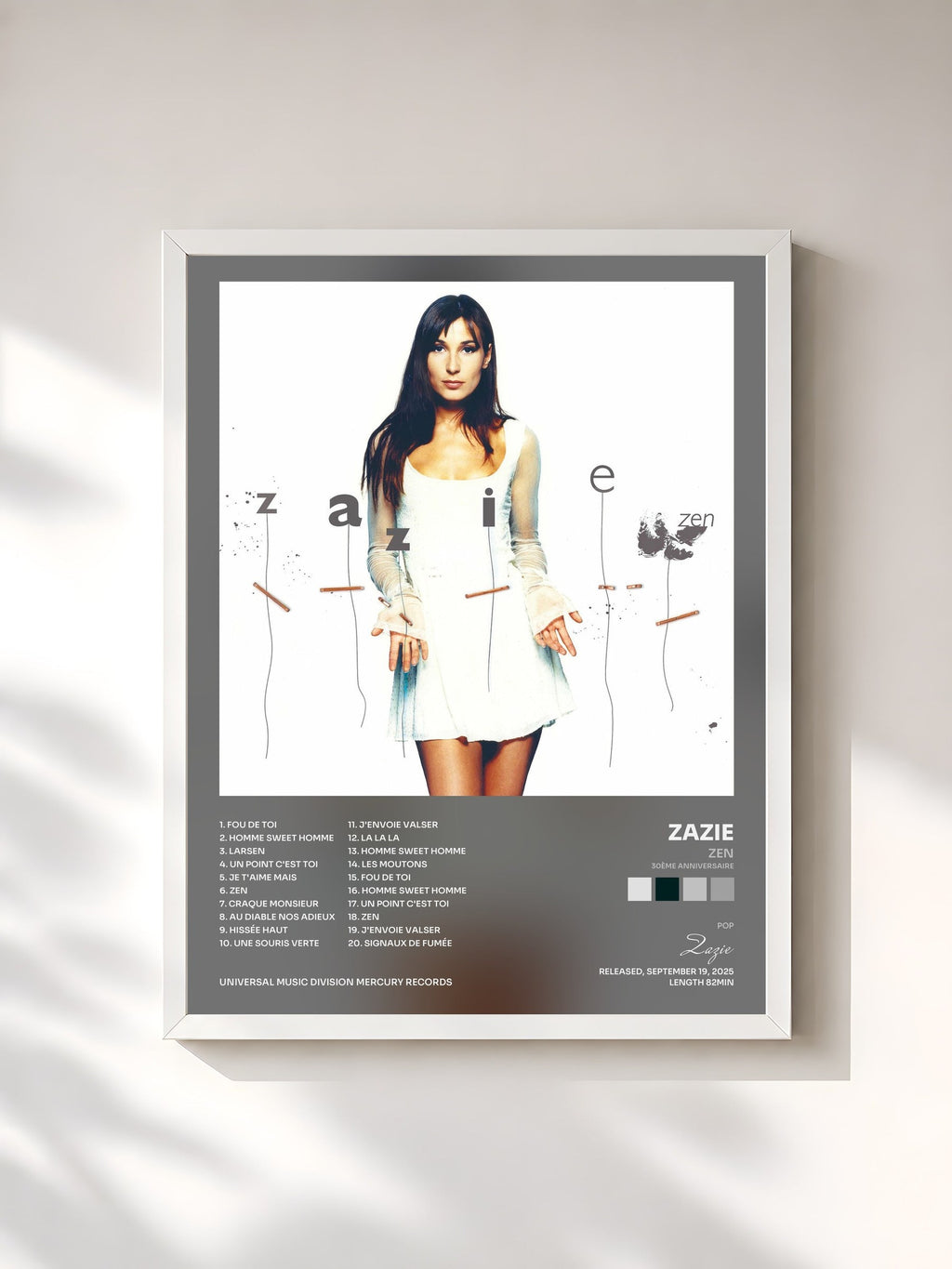 #blanc Tableau de l'album Zen (30ème anniversaire) de Zazie, cadre blanc, imprimé et encadré en France