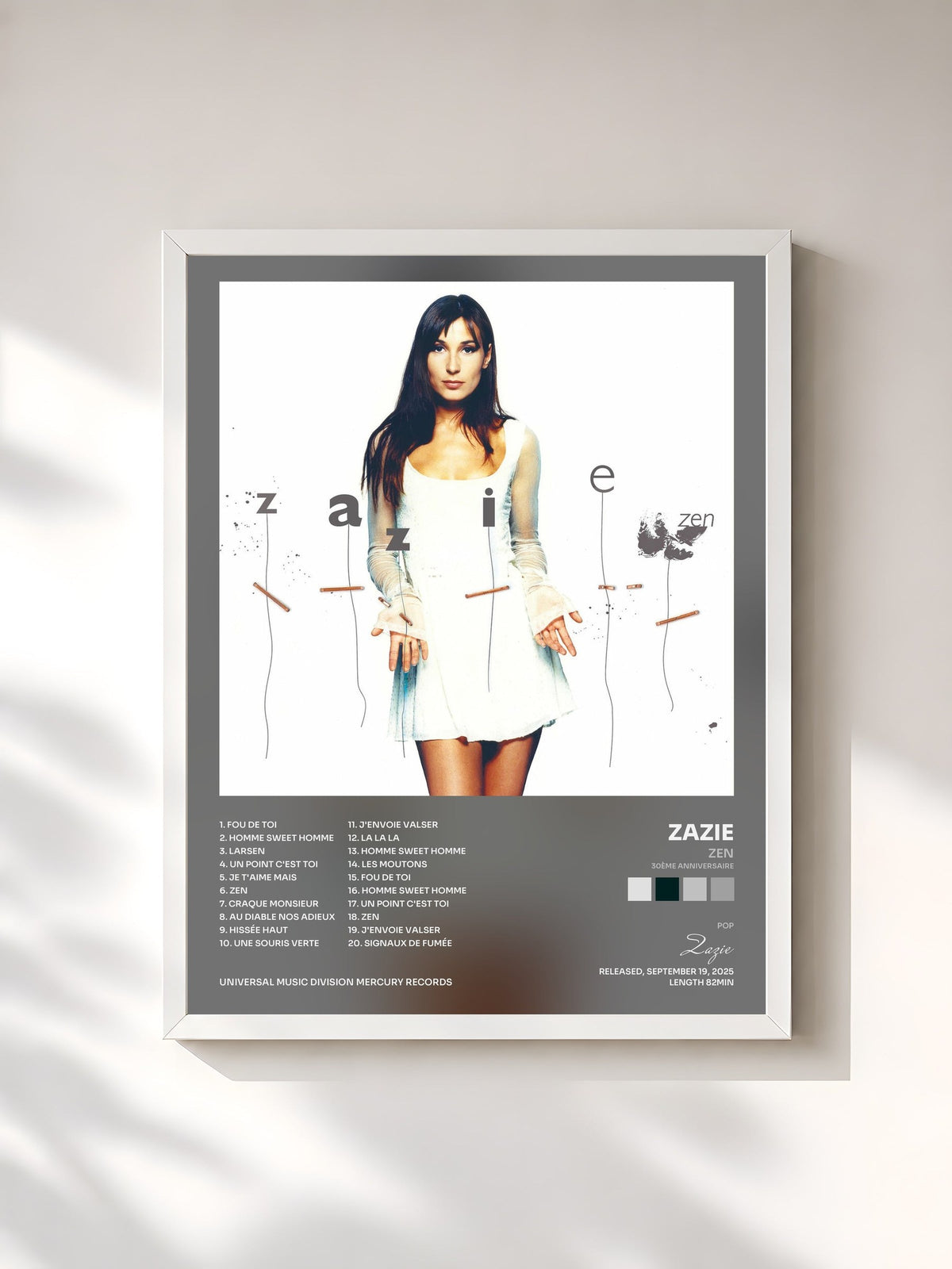 #blanc Tableau de l'album Zen (30ème anniversaire) de Zazie, cadre blanc, imprimé et encadré en France