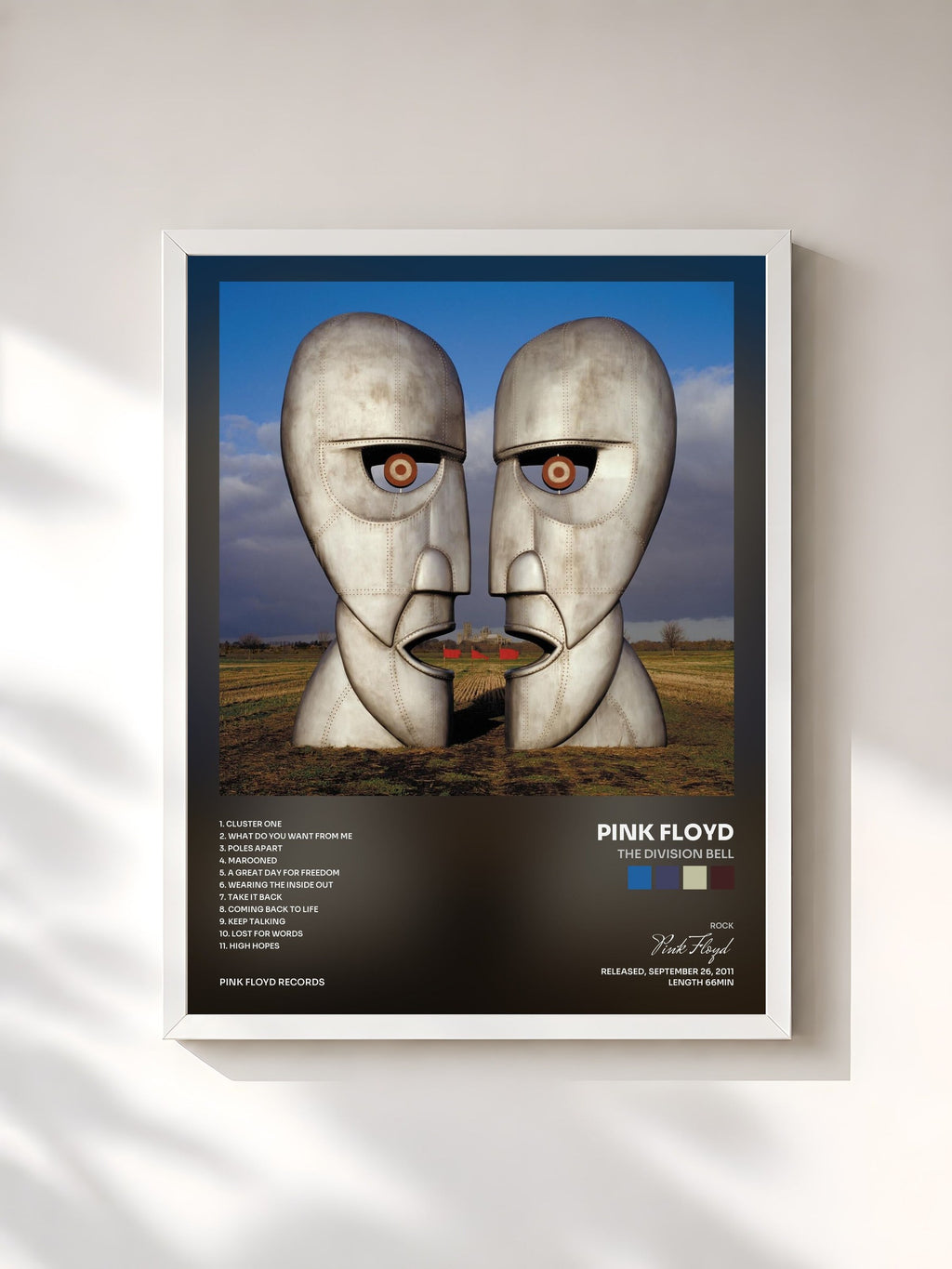 #blanc Tableau de l'album The Division Bell de Pink Floyd, cadre blanc, imprimé et encadré en France