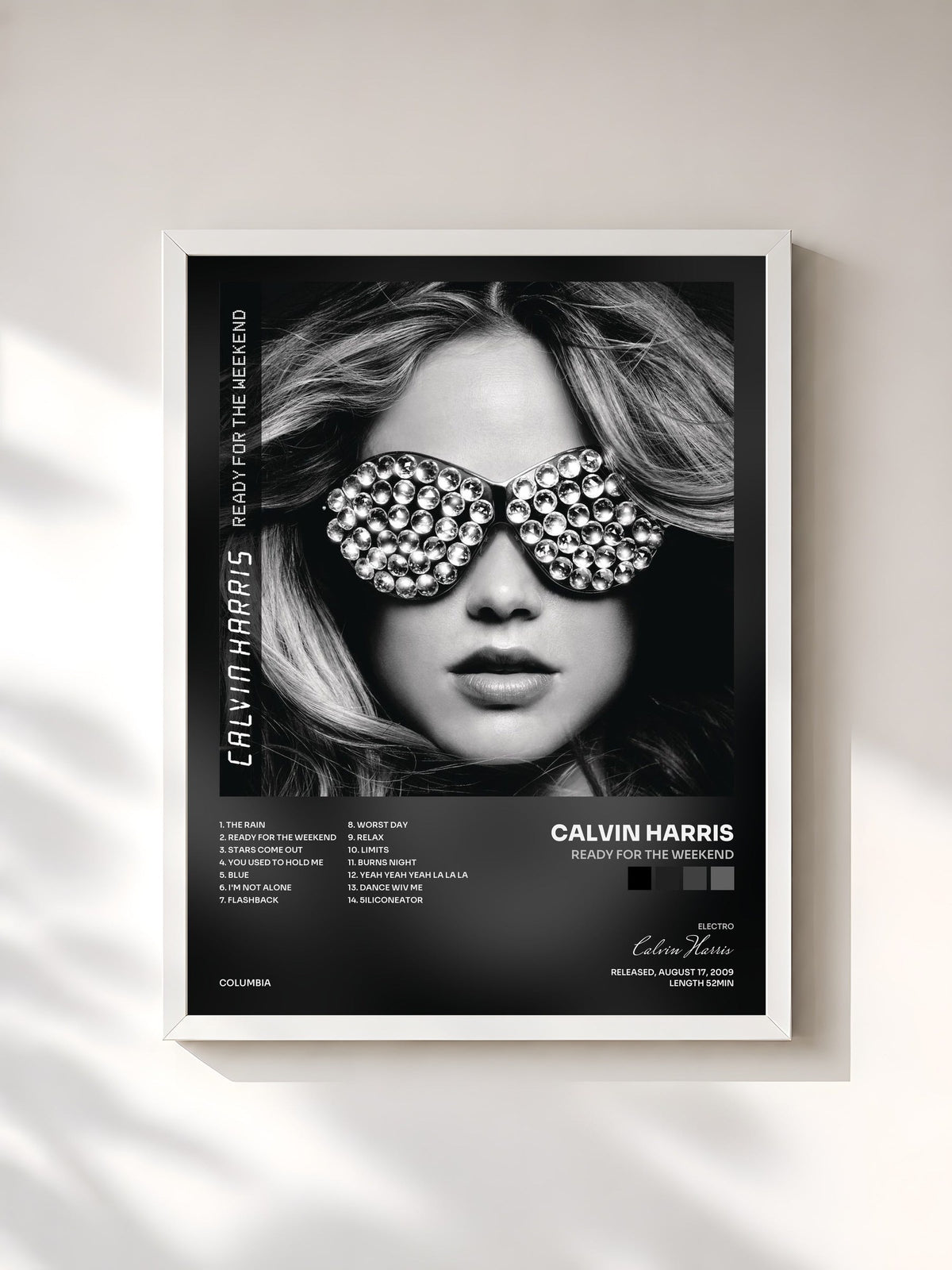 #blanc Tableau de l'album Ready For The Weekend de Calvin Harris, cadre blanc, imprimé et encadré en France
