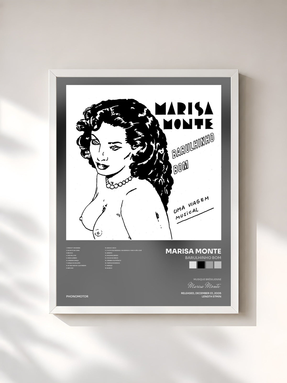 #blanc Tableau de l'album Barulhinho Bom de Marisa Monte, cadre blanc, imprimé et encadré en France