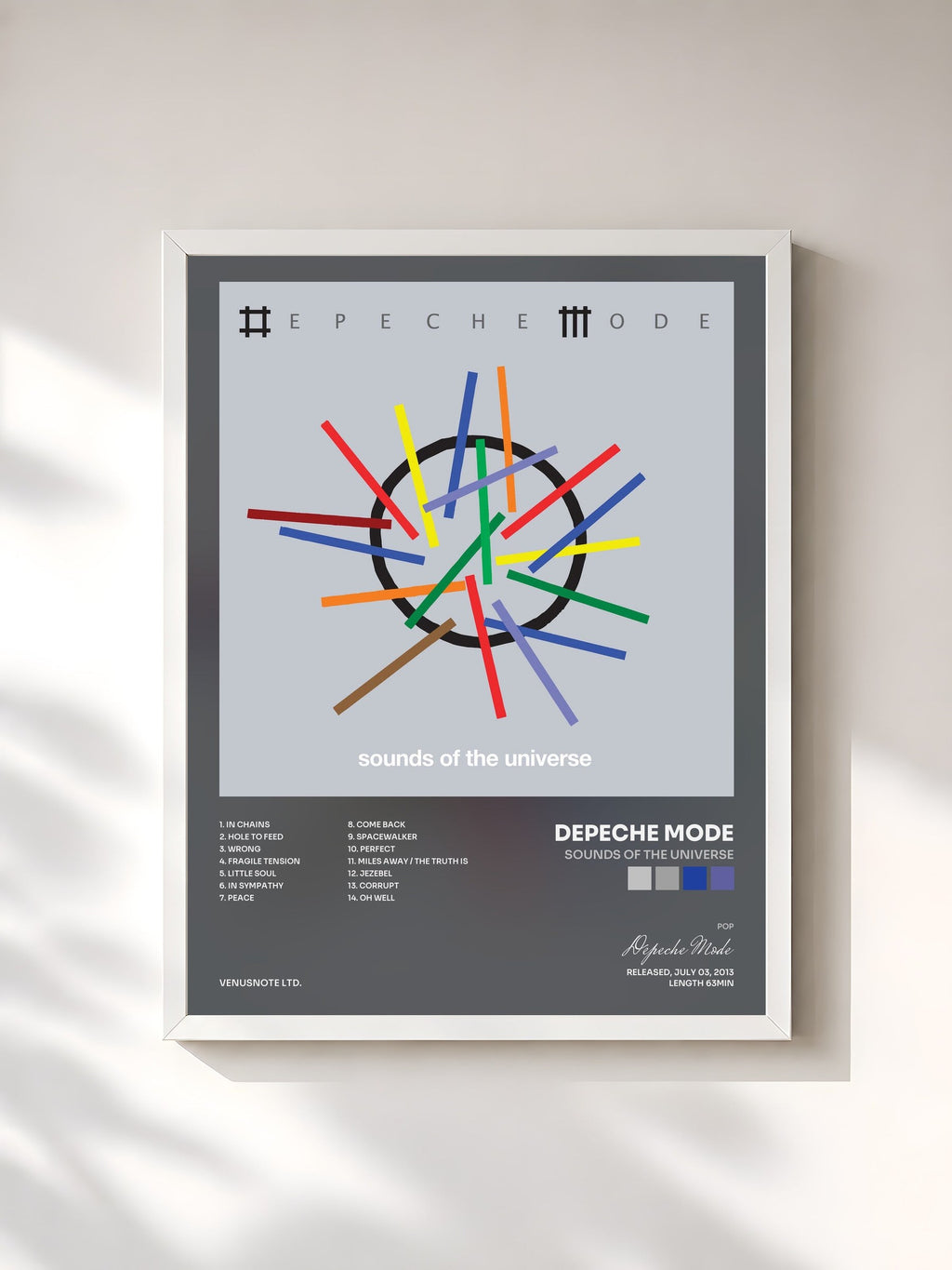 #blanc Tableau de l'album Sounds of The Universe de Depeche Mode, cadre blanc, imprimé et encadré en France
