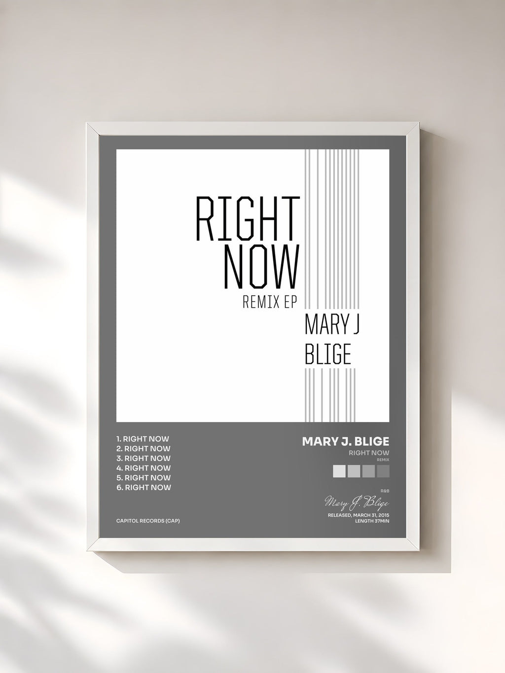 #blanc Tableau de l'album Right Now (Remix) de Mary J. Blige, cadre blanc, imprimé et encadré en France