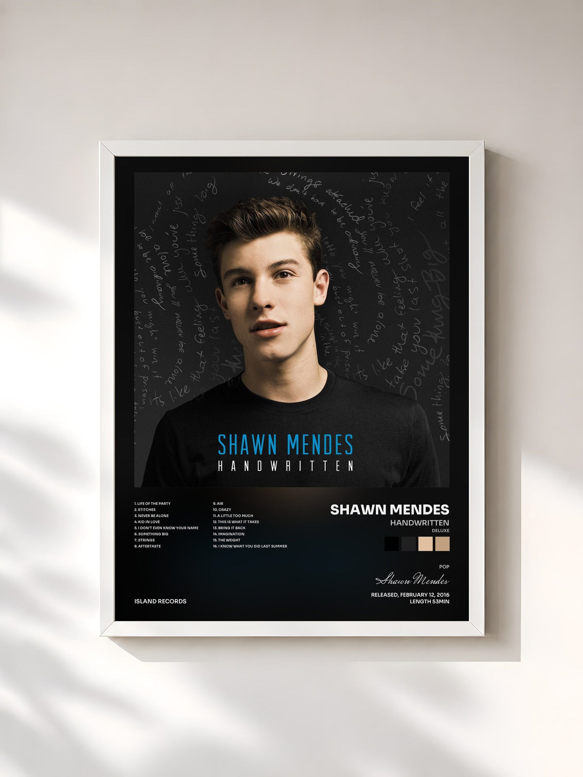 #blanc Tableau de l'album Handwritten (Deluxe) de Shawn Mendes, cadre blanc, imprimé et encadré en France