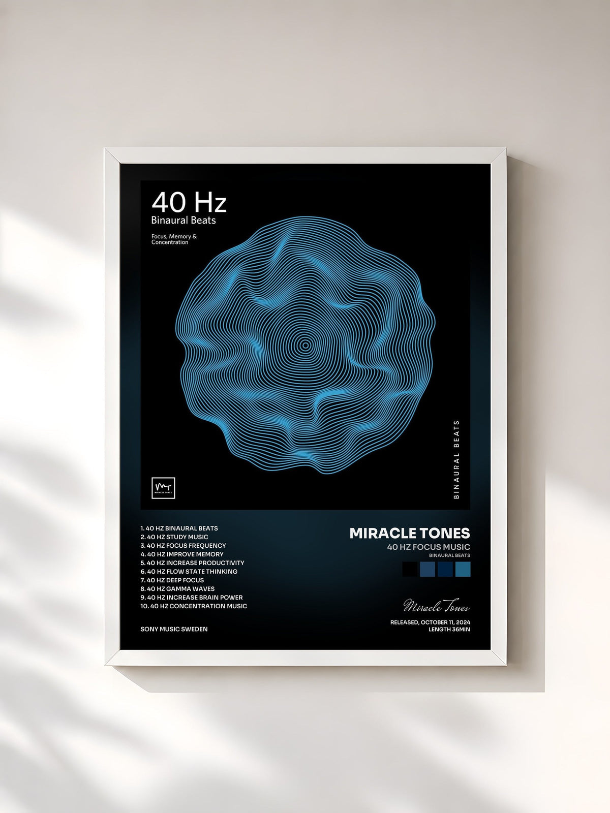 #blanc Tableau de l'album 40 Hz Focus Music (Binaural Beats) de Miracle Tones, cadre blanc, imprimé et encadré en France