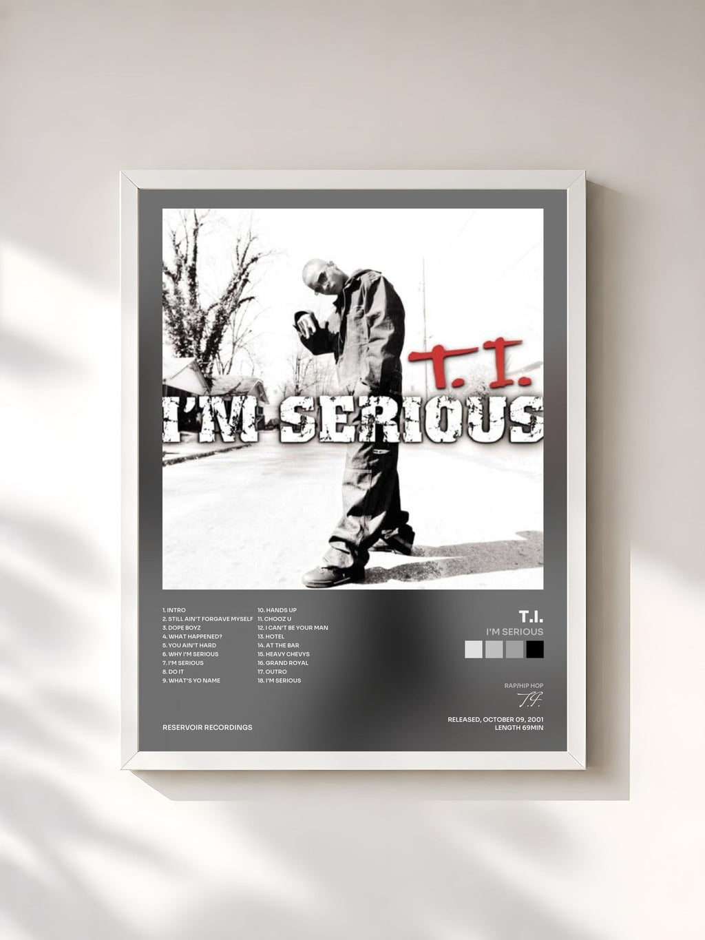 #blanc Tableau de l'album I'm Serious de T.I., cadre blanc, imprimé et encadré en France