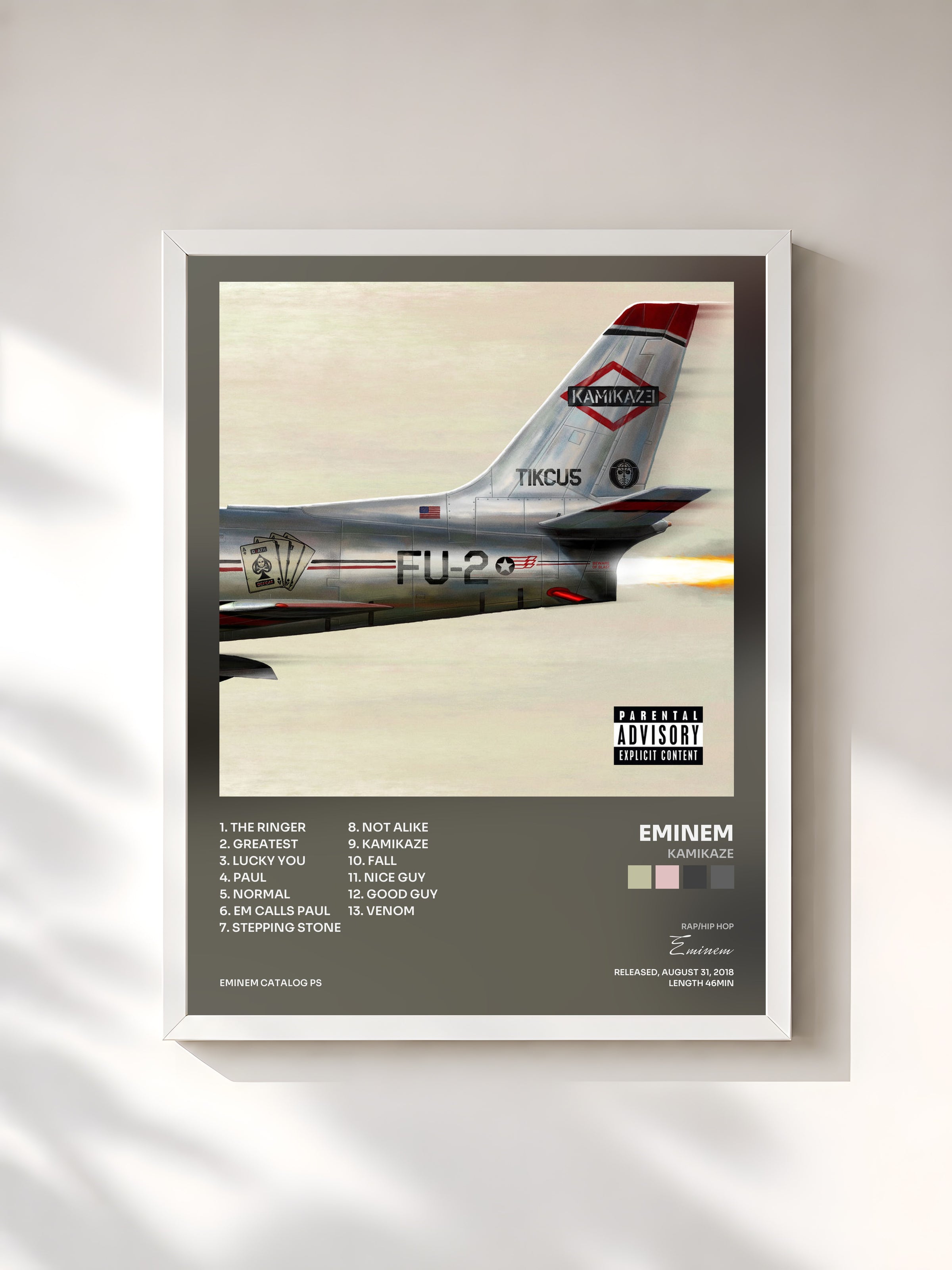 #blanc Kamikaze di Eminem in stampa incorniciata, cornice bianca, stampata e incorniciata in Francia