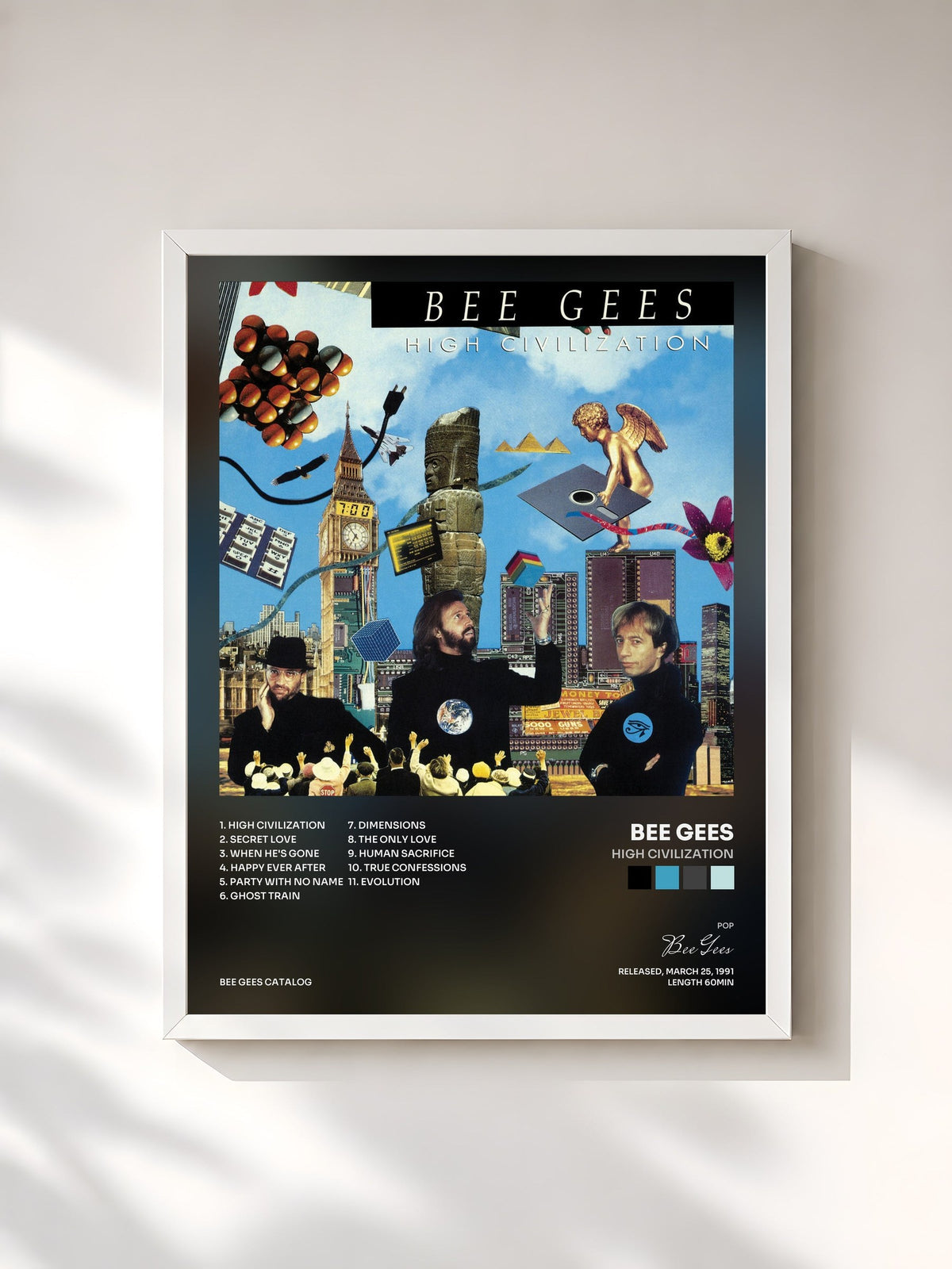 #blanc Tableau de l'album High Civilization de Bee Gees, cadre blanc, imprimé et encadré en France