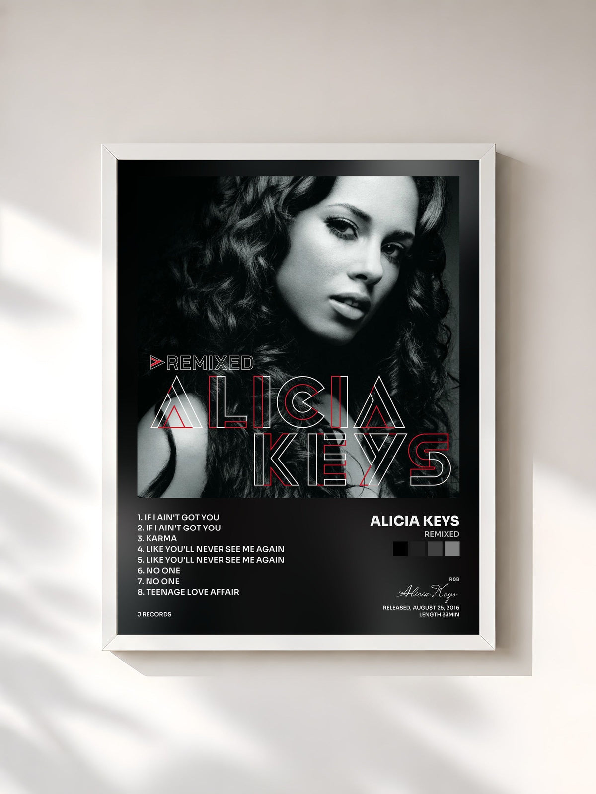 #blanc Tableau de l'album Remixed de Alicia Keys, cadre blanc, imprimé et encadré en France